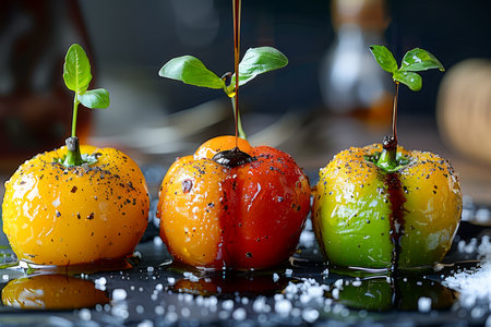 Colorful Glazed Tomatoes Garnished with Basil on Dark Slate Background, Gourmet Appetizers Concept AI Generativeの素材