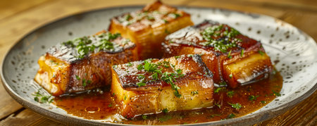 Delicious Glazed Pork Belly Slices on Rustic Plate with Herbs, Gourmet Dish Presentation on Wooden Table Background AI Generativeの素材