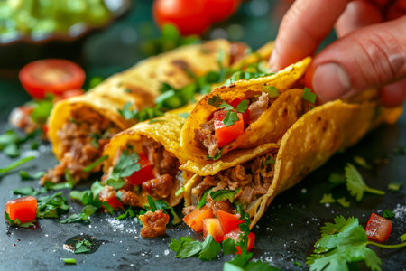 Hand Holding a Delicious Homemade Mexican Beef Taco with Fresh Vegetables and Cilantro on Dark Background AI Generativeの素材