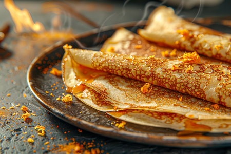 Delicious Golden Brown Crepes on a Dark Plate with Melting Honey and Orange Zest, Flames in Background Gourmet Breakfast Concept AI Generativeの素材