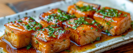 Delicious Glazed Salmon Fillets Garnished with Fresh Herbs Served on a Modern Plate, Gourmet Seafood Meal AI Generativeの素材