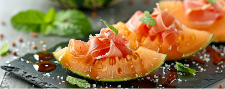 Gourmet Melon with Prosciutto, Fresh Basil Leaves, Balsamic Glaze and Sea Salt on Slate Board, Delicacy Appetizer AI Generativeの素材
