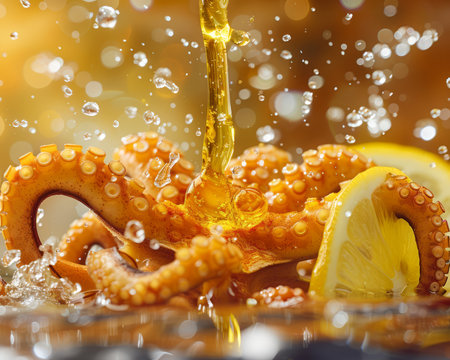 Fresh Octopus Tentacles with Lemon and Sparkling Water Droplets in Close up AI Generativeの素材