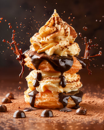 Tower of Decadent Chocolate Drizzled Profiteroles with Whipped Cream and Coffee Beans on Rustic Background AI Generativeの素材