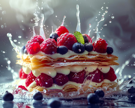 Delicious Fresh Berry Topped Pancake Stack with Splashing Syrup, Healthy Breakfast Concept in High Resolution AI Generativeの素材