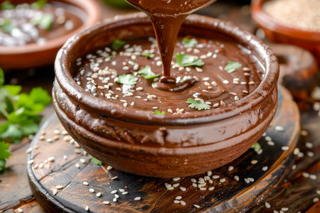 Homemade Rich and Creamy Chocolate Sauce Poured into Ceramic Bowl on Rustic Wooden Table Garnished with Sesame Seeds AI Generativeの素材