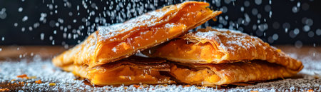 Freshly Baked Sugary Flaky Pastries on Dark Rustic Wooden Background with Powdered Sugar Falling AI Generativeの素材