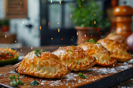 Golden Homemade Empanadas on Wooden Board with Sparkling Festive Background AI Generativeの素材