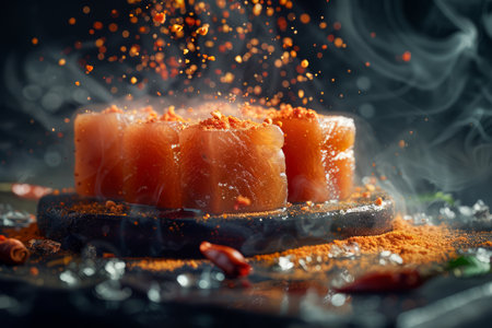 Fresh Salmon Sushi on a Stone Plate with Fiery Seasoning and Smoke for Exquisite Japanese Cuisine AI Generativeの素材