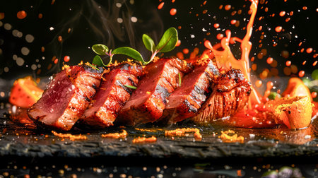 Succulent Grilled Pork Ribs with Fresh Herbs and Spices on a Barbecue Grill, Splashes of Sauce and Seasoning, Gourmet Meat Cuisine AI Generativeの素材