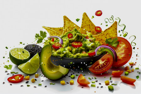 Fresh Homemade Guacamole with Nachos, Avocado, Lime, Tomato, and Chili on a Modern White Background AI Generativeの素材