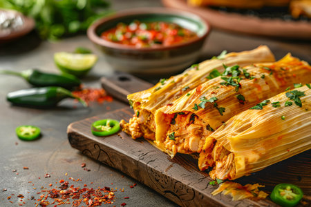 Homemade Spicy Chicken Tamales on Wooden Board with Fresh Salsa, Lime, and Jalapenos in Rustic Kitchen Setting AI Generativeの素材