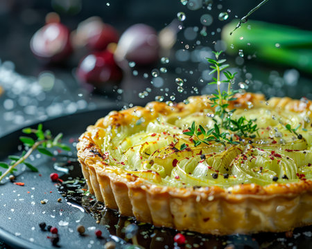 Freshly Baked Quiche with Leeks and Cheese Garnished with Herbs and Spices on Dark Background, Culinary Gourmet Meal Concept AI Generativeの素材