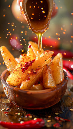Scrumptious Golden Fried Potatoes Drizzled with Honey and Spices in Earthenware Bowl AI Generativeの素材