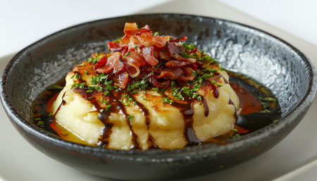 Sliced Gourmet Potatoes Topped with Bacon Bits and Fresh Parsley on Elegant Dark Plate AI Generativeの素材