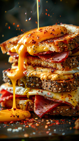 Gourmet Sandwich with Melted Cheese, Ham, and Sesame Seed Bread Drizzled with Honey, Sprinkled with Spices AI Generativeの素材