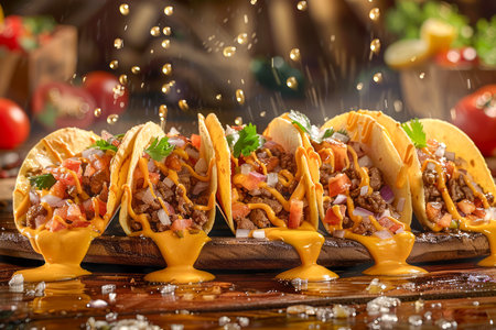 Delicious Mexican Tacos with Fresh Ingredients and Meat Sprinkled with Cheese on a Wooden Table AI Generativeの素材