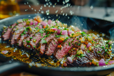 Sizzling Juicy Sliced Steak in Cast Iron Skillet with Herbs and Spices, Perfect for Restaurant Menus and Food Blogs AI Generativeの素材