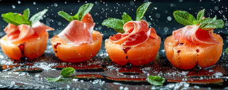 Fresh Prosciutto Ham Rolls with Mint Leaves and Balsamic Glaze on Dark Elegant Background with Sprinkled Salt AI Generativeの素材