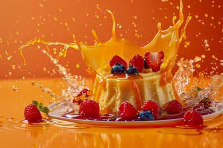 Vibrant Splash Of Orange Juice Around Fruit Topped Pudding On Reflective Surface AI Generativeの素材