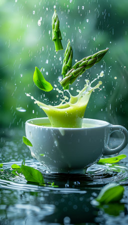 Fresh Green Asparagus Falling into a Cup Creating Splash in Water with Raindrops and Natural Background AI Generativeの素材