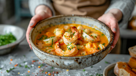 Woman presenting delicious homemade shrimp soup in rustic bowl, cozy kitchen setting with bread and fresh herbs AI Generativeの素材