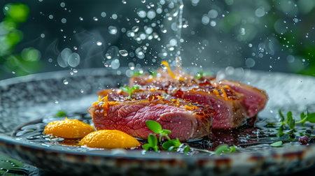 Juicy Grilled Steak with Sesame Seeds and Herbs on a Plate with Citrus Garnish, Fresh Water Droplets in the Air AI Generativeの素材