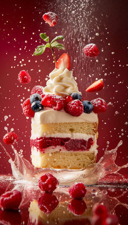 Scrumptious Berry Layer Cake with Whipped Cream Topping and Floating Berries on Vibrant Red Background AI Generativeの素材