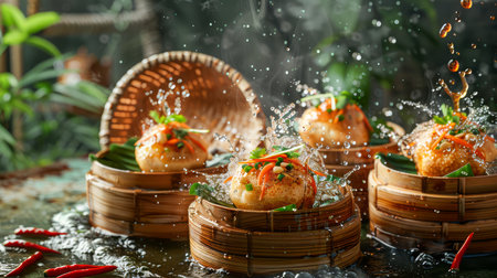 Delectable Steamed Dumplings in Bamboo Baskets with Dynamic Water Splash and Herbs AI Generativeの素材