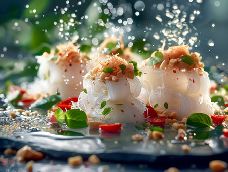 Fresh Gourmet Dumplings Sprinkled with Herbs, Peanuts, and Spices with Vibrant Splashing Water Droplets on a Slate Plate AI Generativeの素材