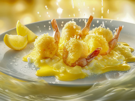 Crispy Fried Shrimp with Lemon and Creamy Sauce on White Plate, Sunlit Dining Setting AI Generativeの素材