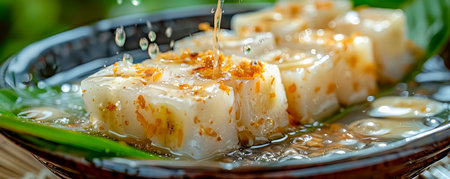 Close up View of Delicious Asian Rice Noodle Rolls Drizzled with Sweet Soy Sauce on Ceramic Plate with Fresh Greens AI Generativeの素材