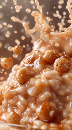 Close Up Dynamic Splash with Droplets of Creamy Caramel Sauce and Melted Chocolate Over Dessert Background AI Generativeの素材