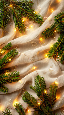 Festive Christmas Background with Green Pine Branches and Warm Fairy Lights on Elegant Textured Fabric AI Generativeの素材