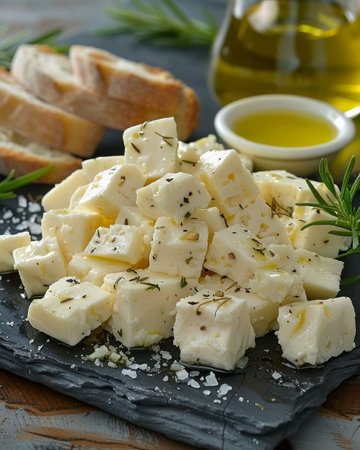 Fresh Cubed Feta Cheese Seasoned with Herbs on Slate with Olive Oil and Artisan Bread in Background AI Generativeの素材