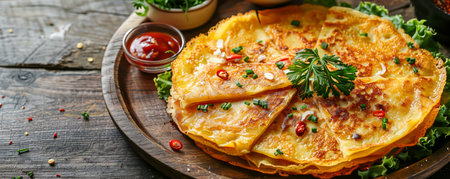 Savory Cheese Quesadilla with Fresh Herbs and Spicy Sauce on a Rustic Wooden Table AI Generativeの素材