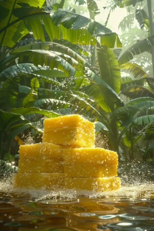Three Stacked Natural Honey Soap Bars in Tropical Rainforest Setting with Sunlight Filtering Through Foliage AI Generativeの素材