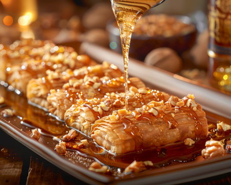 Gourmet Homemade Baklava Drizzled with Sweet Honey and Topped with Crushed Nuts on a Rectangular Serving Platter AI Generativeの素材