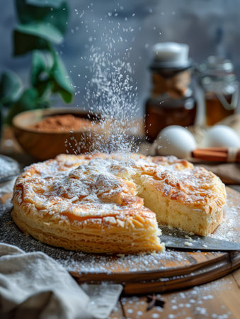Freshly Baked Apple Pie With Powdered Sugar on Rustic Wooden Table in Homely Setting AI Generativeの素材
