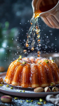 Glistening Caramel Syrup Pouring over a Delicious Bundt Cake Garnished with Pistachios on a Rustic Table Setting AI Generativeの素材