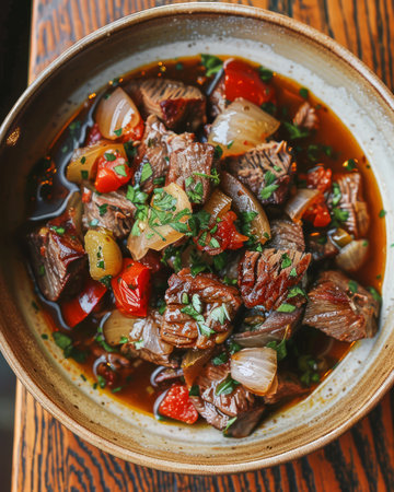 Hearty Homemade Beef Stew with Carrots, Potatoes, and Fresh Herbs in a Rustic Bowl, Comfort Food Concept, Warm Winter Dish AI Generativeの素材