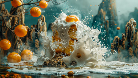 Surreal Orange Fruit Splash in Misty Waterscape with Ethereal Mountains and Foggy Background AI Generativeの素材