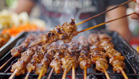 Close up shot of sizzling skewered meats on grill with person cooking at an outdoor food market AI Generativeの素材