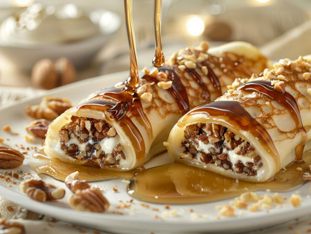 Delicious Freshly Made Crepes with Chocolate Syrup Drizzle, Chopped Nuts, and Creamy Filling on a White Plate with a Cozy Background AI Generativeの素材