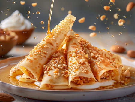 Delectable Almond Crusted Crepes Drizzled with Honey on a Ceramic Plate, Perfect for Gourmet Breakfasts or Elegant Desserts AI Generativeの素材