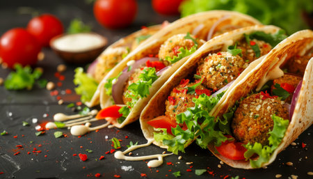 Fresh Homemade Falafel Balls in Pita Bread with Salad, Tomatoes, and Sesame Sauce, Traditional Middle Eastern Cuisine on Dark Slate Background AI Generativeの素材
