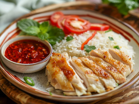 Delicious Thai Hainanese Chicken Rice Plate with Tomato, Cilantro, Sauce, and Fresh Vegetables on Wooden Table AI Generativeの素材