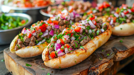 Delicious Freshly Made Beef Sandwiches with Diced Vegetables and Herbs on Rustic Wooden Table, Ideal for Menus and Food Blogs AI Generativeの素材