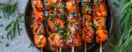 Delicious Grilled Chicken Skewers with Sweet Glaze and Fresh Herbs on Rustic Table Background Perfect for Menu and Culinary Blogs AI Generativeの素材