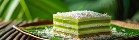 Fresh Layered Pandan Cake with Coconut Shavings on a Ceramic Plate Surrounded by Tropical Leaves AI Generativeの素材